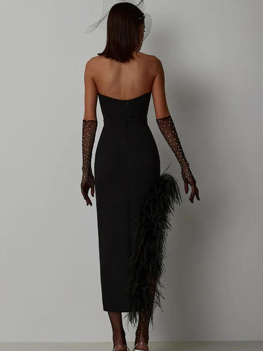 Elegant Strapless Black and White Feather Detail Bodycon Dress for Women