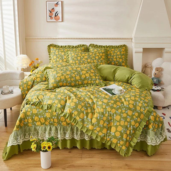 Chic Floral Ruffle Queen Bedding Set