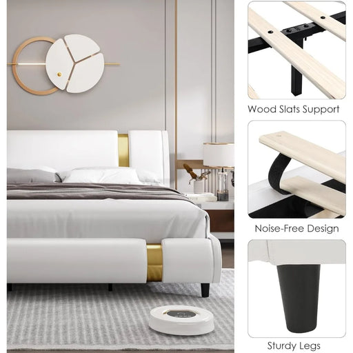 Golden Upholstered Platform Bed Frame with Adjustable Curved Headboard