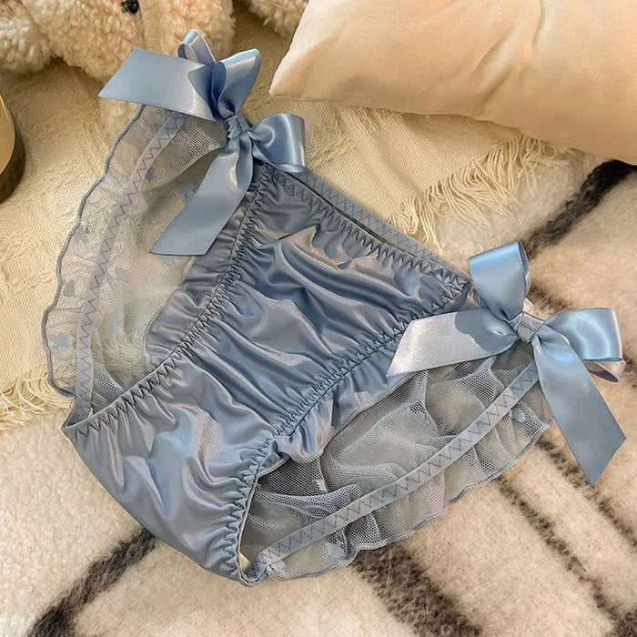 Charming Princess-Inspired Satin Lace Bow Women's Panties - Soft Ruffled Mesh Underwear for All-Day Comfort