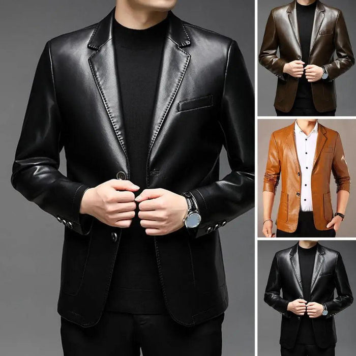 Men's Premium Faux Leather Lapel Jacket with Elegant Button Cuffs and Practical Pockets