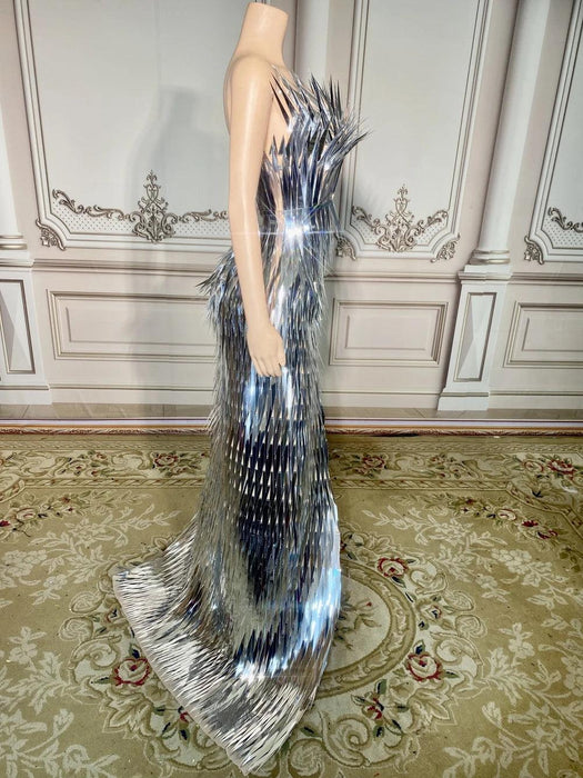 Glamorous Silver Sequin Tube Maxi Gown with Elegant Train