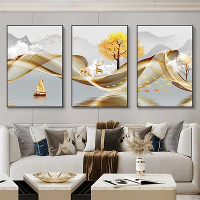 Golden Deer Nordic Ribbon Abstract Landscape 3-Piece Canvas Art Set - Elegant Home Decor Addition with Customizable White Borders