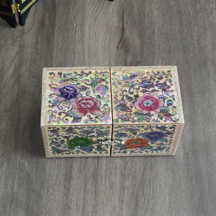 Opulent Mother of Pearl Jewelry Organizer with Butterfly and Peony Design - 4 Spacious Drawers