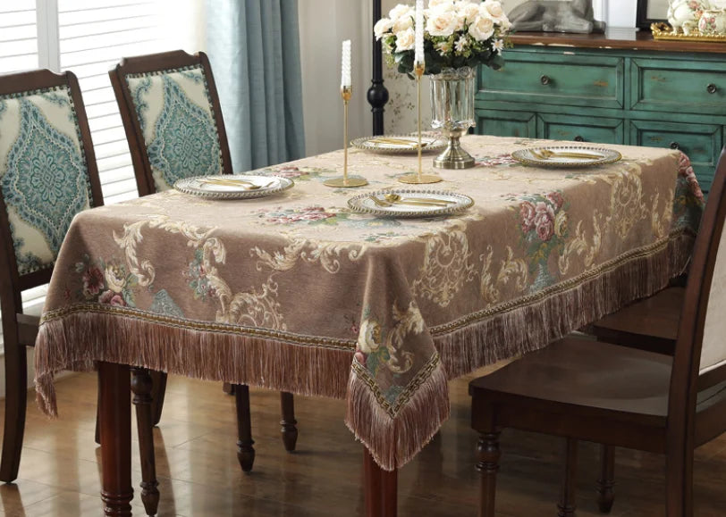 Elegant European Chenille Table Cover with Floral Tassels