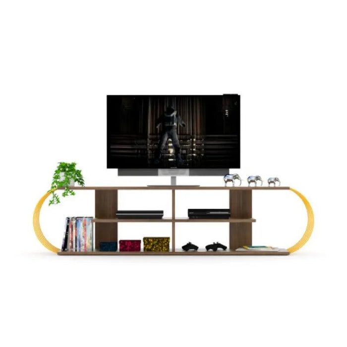 Retro-Inspired 68-Inch Walnut and Yellow Media Stand with Open Shelves by FurnisHome