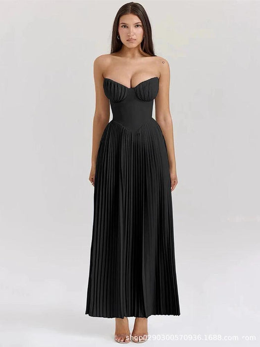 Glamorous Off-Shoulder High Waist Pleated Maxi Dress - Backless Bodycon Long Gown for Women