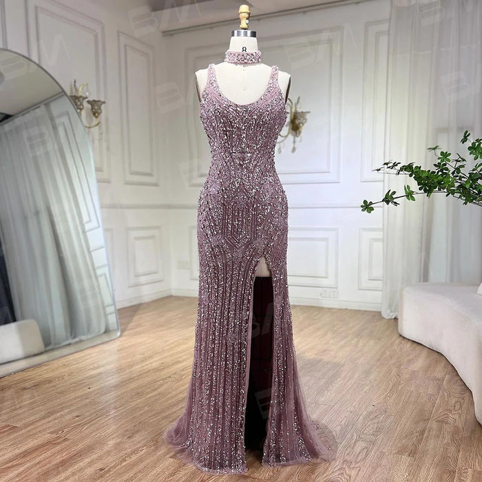 Glamorous Rhinestone Mermaid Evening Dress with High Slit and Elegant Neckpiece for Women