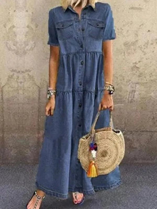 Retro-Inspired Short Sleeve Denim Dress with Pockets and Button Detail for Women’s Spring/Summer Casual Wear