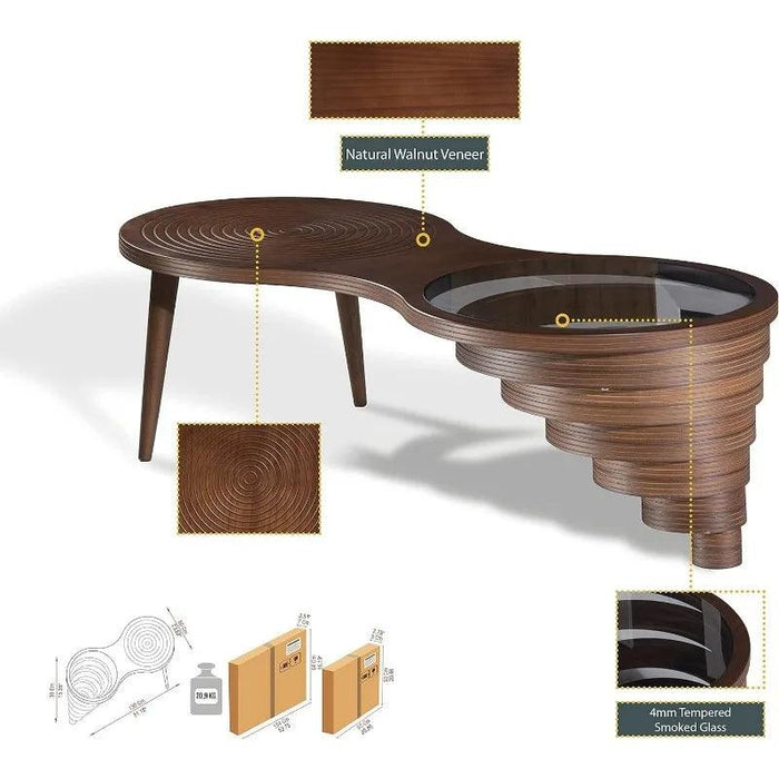 Stylish Walnut Veneer Coffee Table Collection with Chic Smoked Glass Top