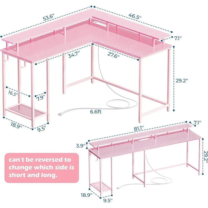 Pink Carbon Fiber L-Shaped Gaming Desk with Custom LED Ambiance, Power Ports, and Ample Storage