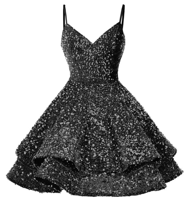 Sparkling Tiered Sequin Spaghetti Strap Short Cocktail Dress for Young Women