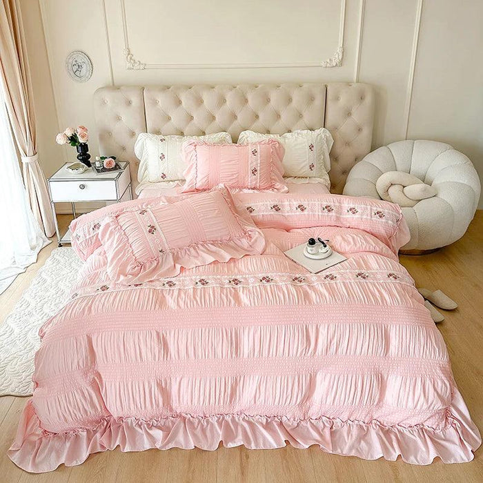 Elegant Seersucker Lace Ruffle Bedding Set