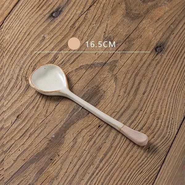 Japanese-Inspired Vintage Stoneware Soup Spoon with Extended Handle - Elegant Kitchen Tableware for 2024