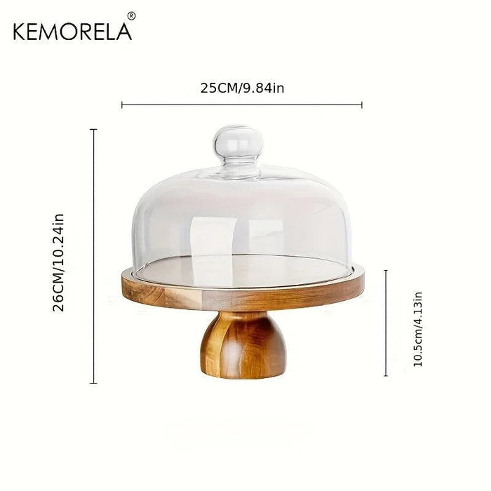 Chic Acacia Wood Elevated Cake Stand with Glass Dome - 1PC Dessert Display Plate