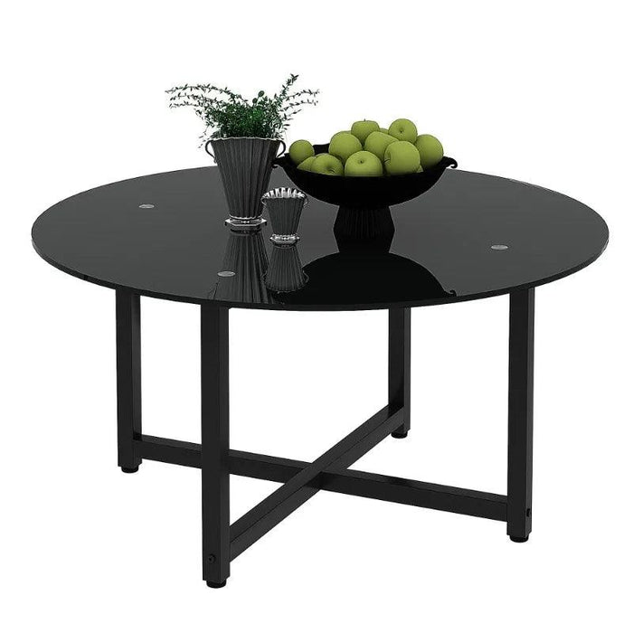 Modern Elegance Black Glass Coffee Table with Metal Framework and Additional Storage