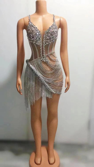 Glistening Sheer Mini Dress with Dazzling Rhinestone Fringes