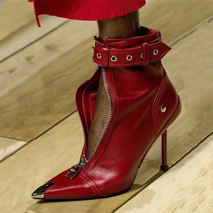 Red Pointed High Heel Ankle Boots with Zipper and Stylish Metal Details