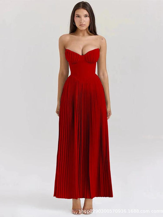 Glamorous Off-Shoulder High Waist Pleated Maxi Dress - Backless Bodycon Long Gown for Women