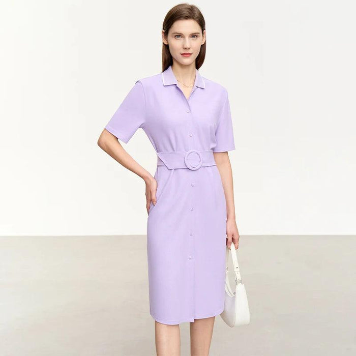 Elegant Minimalist Summer Dress with Belted Waist and Collar for the Contemporary Woman