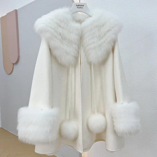 Luxurious Fox Fur-Trimmed Wool Cape - A Chic Blend of Comfort and Style