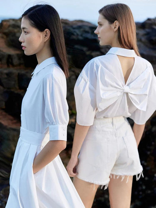 Chic Cotton Puff Sleeve Blouse for Women with Bow Accent - Summer Minimalism Collection