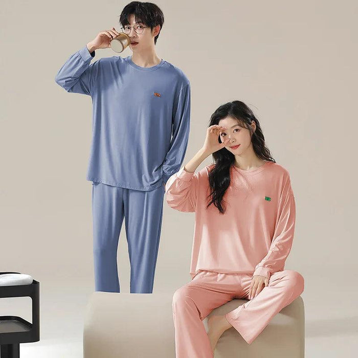 Chic Spring 2024 Modal Couples Pajama Set - Long Sleeve Loungewear with Cozy Round Neck