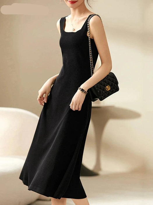 Chic Black Knitted Midi Dress with Square Neck and Spaghetti Straps