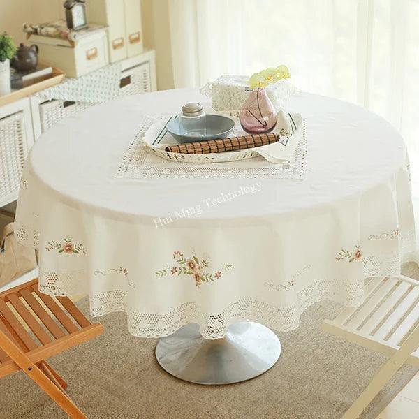 Elegant Floral Lace Trimmed White Cotton Tablecloth for Dining and Coffee Tables - European Pastoral Design