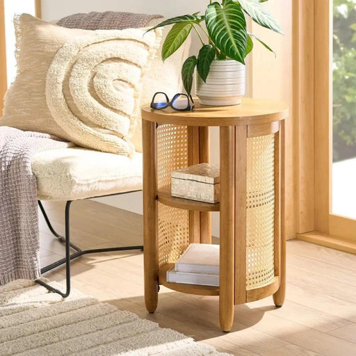 Tropical Charm Caned Round Side Table with Warm Honey Finish – Versatile Elegance for Any Room