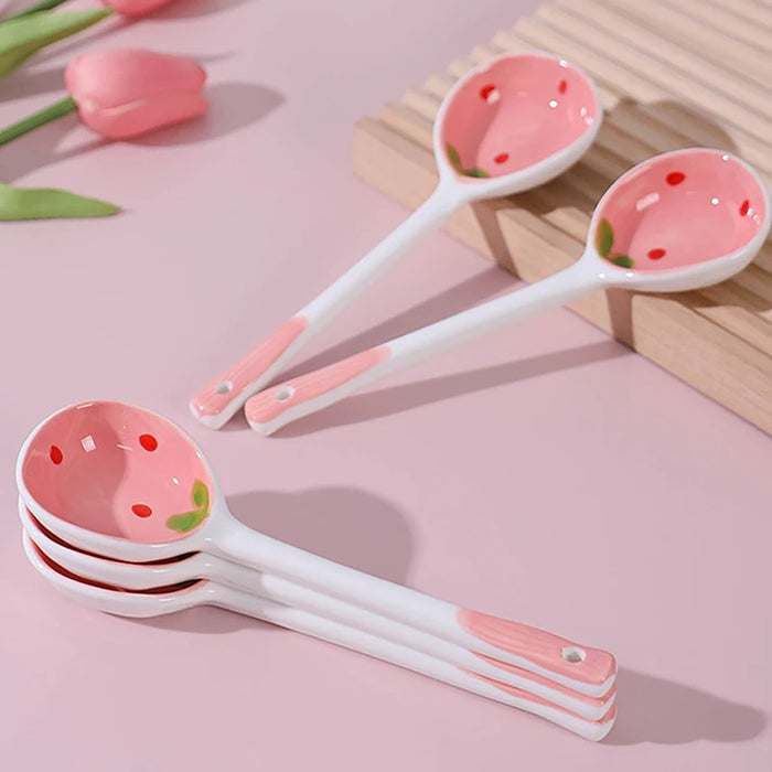 Strawberry Delight Hand-Painted Ceramic Ladle with Cartoon Motifs