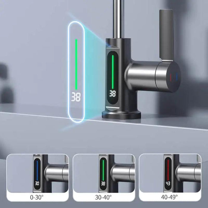 LED Waterfall Faucet with Temperature Display and Rotating Pull-Out Sprayer