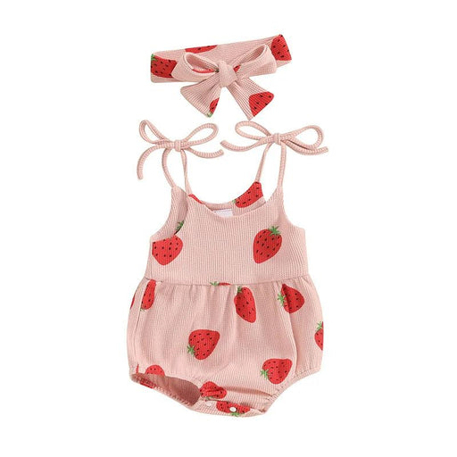 Charming Strawberry Print Summer Romper and Headband Set for Baby Girls (3-24 Months)