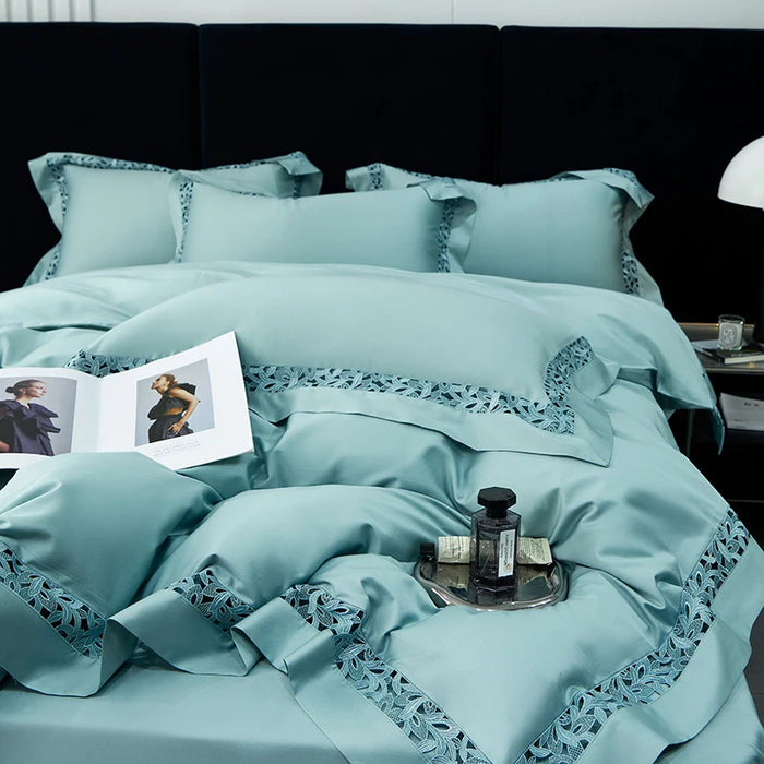 Exquisite 1200TC Egyptian Cotton Luxury Bedding Collection with Elegant Hollow Lace Trim, Duvet Cover, Flat & Fitted Sheets, and Pillowcases