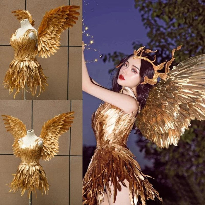 Radiant Golden Feathered Fairy Wings - Perfect for Halloween, Cosplay, and Stylish Dress-Up Events for Girls