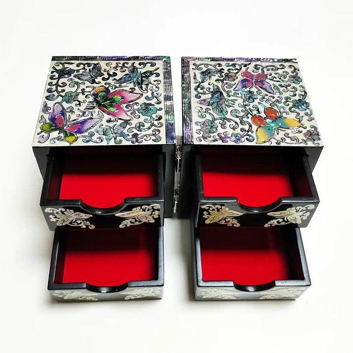 Opulent Mother of Pearl Jewelry Organizer with Butterfly and Peony Design - 4 Spacious Drawers