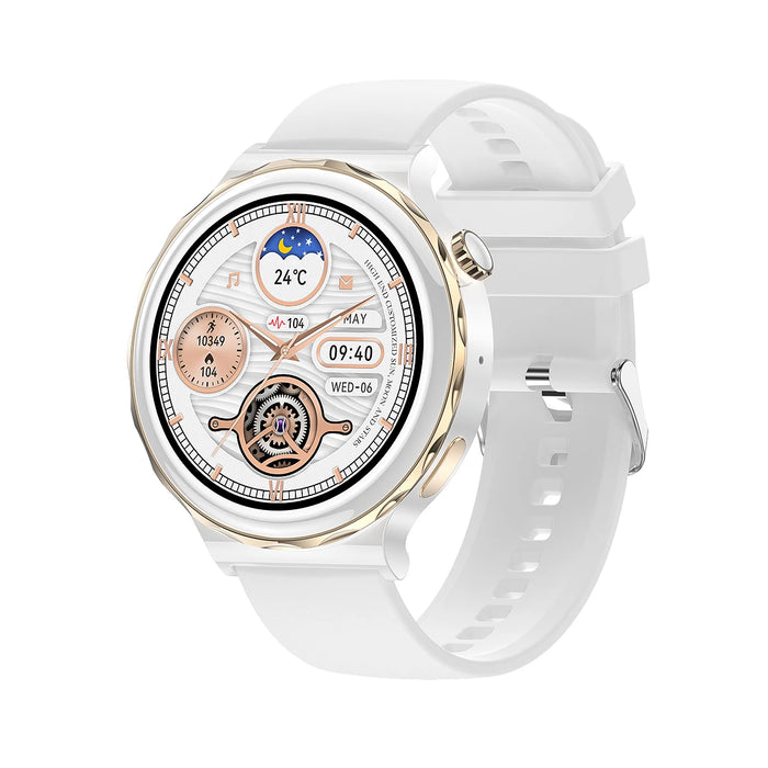 Sleek White Smartwatch with Health Tracking Features and NFC Support