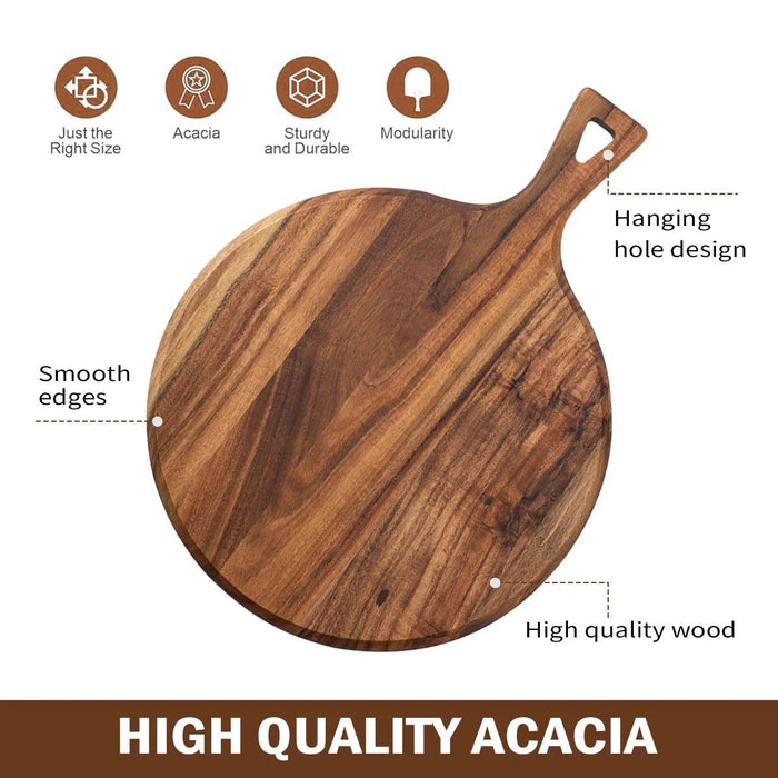 Acacia Wood Round Chopping and Serving Board with Convenient Handle - Ideal for Charcuterie and Meal Prep