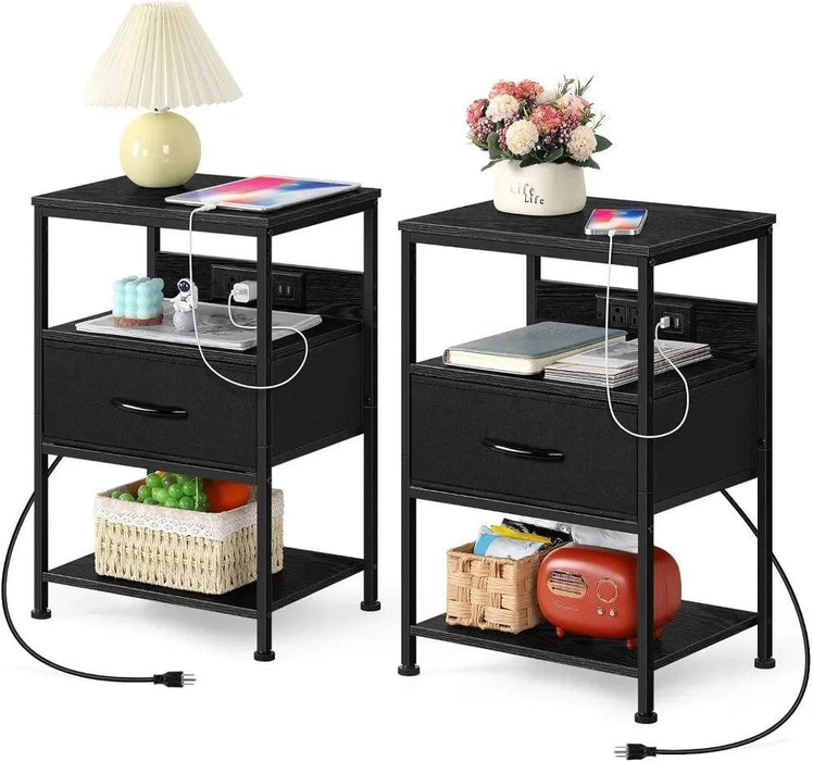 Modern Black Nightstand Set with USB Charging and Power Outlets - 2 Piece