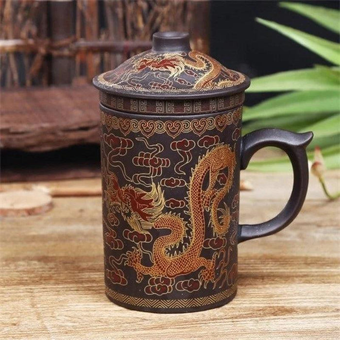 Handcrafted Dragon Design Purple Clay Tea Mug Set with Infuser and Lid