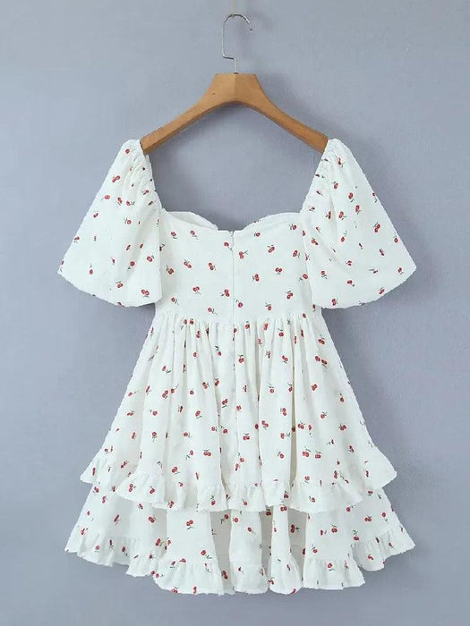 Vintage White Corset Dress with Cherry Blossom Print – Ruffled Hem & Lantern Sleeves