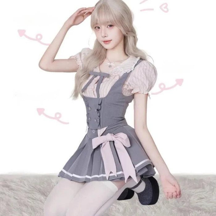 Whimsical Kawaii Dress Set with Elegant Lace Features and Chic Folded Top - Inspired by Japanese Campus Fashion