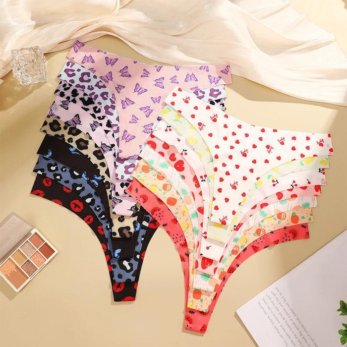 7Pcs Seamless Ice Silk Thong Set for Women - Fresh Low Waisted Print Underwear