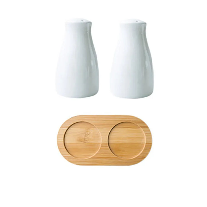 Farmhouse Style Ceramic Salt and Pepper Shaker Set with Bamboo Tray