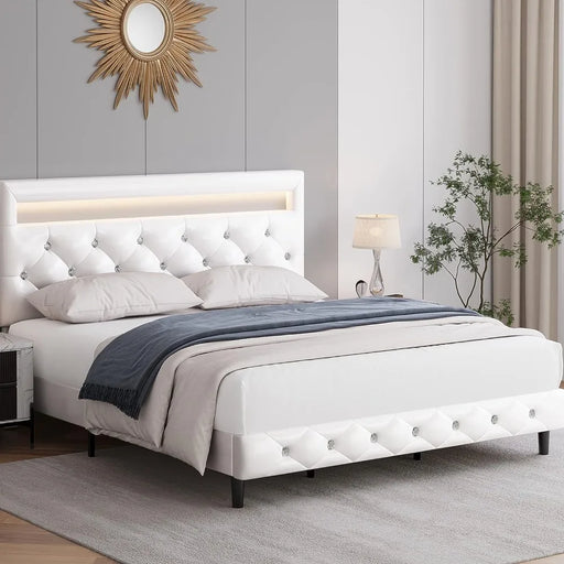 Full Size LED Platform Bed with Adjustable Tufted Headboard and Wood Slats - White