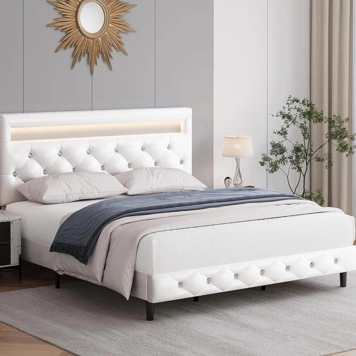 LED-Enhanced White Smart Bed Frame with Adjustable Crystal Tufted Headboard