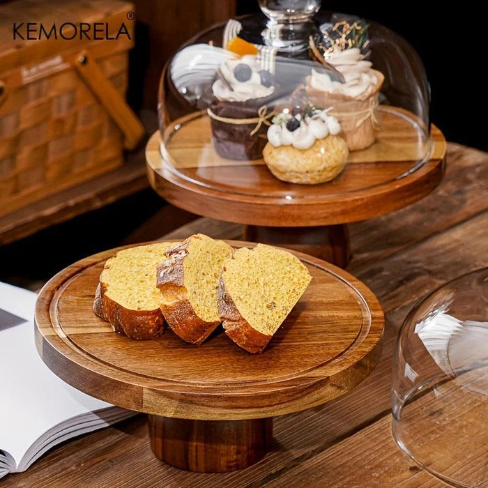 Chic Acacia Wood Elevated Cake Stand with Glass Dome - 1PC Dessert Display Plate