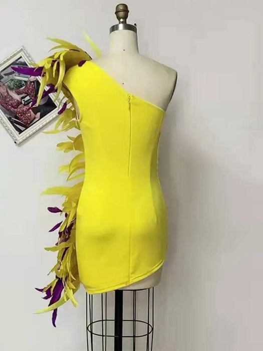 Golden Sunshine Feathered Asymmetrical Bodycon Gown