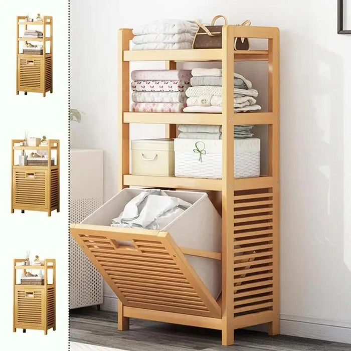 Chic Wooden Vine Laundry Basket with Shelf - Spacious Storage Solution for Your Bathroom