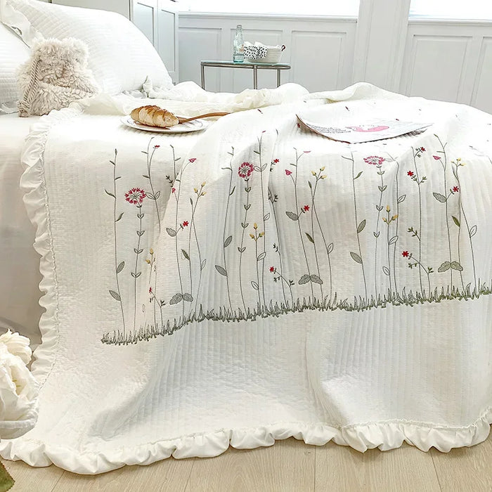 Ruffles Flowers Embroidery Summer Quilt Set